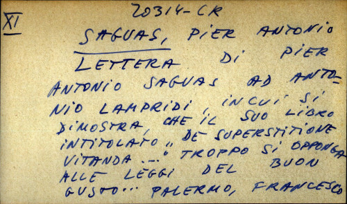 Lettera di Pier Antonio Saguas ad Antonio Lampridi, incui  si dimostra, che il suo libro intitolato 