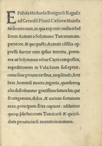 Epistola Michaelis Bocignoli Ragusei ad Gerardu[m] Plania[m] ... in qua exponit causas rebellionis Axmati a Solymano Turcarum imperatore ... Die XXIX. Iunii. M.D.XXIIII Ragusii