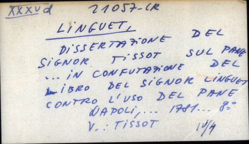 Dissertazione del signor Tissot sul pane ... in confutazione del libro del signor Linguet contro l'uso del pane - UPUTNICA