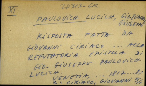 Risposta fatta da Giovanni Ciriaco... alla refutatoria epistola di Gio. Giuseppe Pavlovich Lucich.
