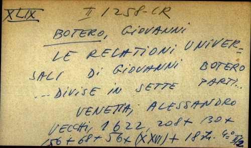 Lew relationi universali di Giovanni Botero divise in sette parti