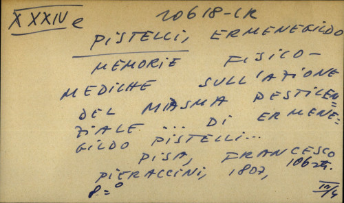 Memorie fisico-mediche sull'azione del masma pestilenziale… di Ermenegildo Pistelli...